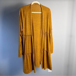 Lightweight Mustard Yellow Long Teired Knit Open Cardigan